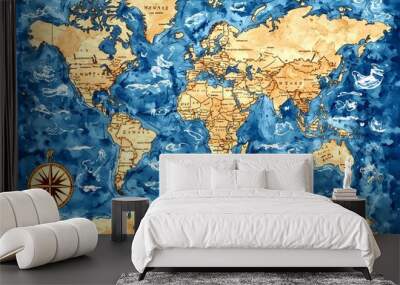 Vintage Watercolor World Map with Travel Routes Wall mural