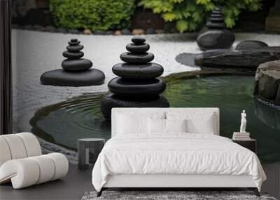 Zen garden with stacked stones and a pond, with ripples in the water. Wall mural