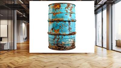 Old rusted blue steel oil barrel isolated on white background Wall mural