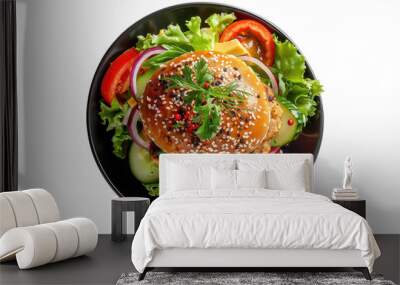 Top view of chicken burger with green salad isolate on transparent background Wall mural