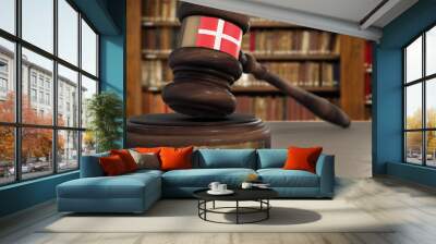 Denmark Flag on Judge Hammer in Court with Word Justice. Justice System 3D Illustration Wall mural