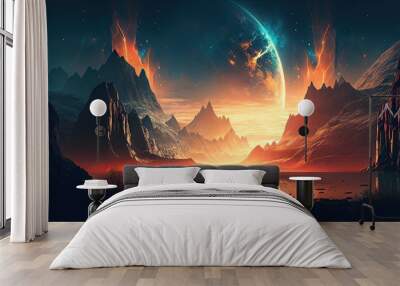 Fantastic space nature landscape background, generative ai Wall mural