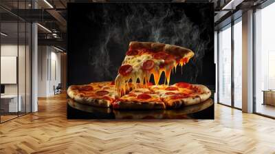 Pizza slice and hot pizza on black background, generative AI Wall mural