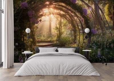 A mystical portal surrounded by blooming flower arches leading to an enchanting secret garden. Generative AI Wall mural