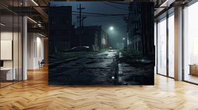 Abandoned urban street at night, eerie darkness, haunted alleyway, vintage cityscape. Wall mural