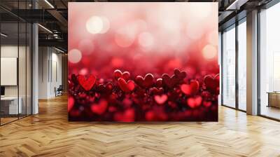 Abstract panoramic background with red hearts, romantic festive atmosphere perfect for Valentine's Day banners. Wall mural