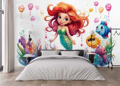 Adorable and cute little mermaid interacting with marine life cartoon characters Wall mural