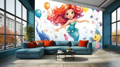 Adorable and cute little mermaid interacting with marine life cartoon characters Wall mural