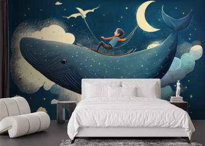 Adorable hand-drawn illustration of a child and a big blue whale flying through space. The cute cartoon design is full of aquatic creatures, stars, and a surreal nautical landscape. Generative AI Wall mural