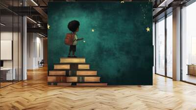 Afro boy climbing book stairs to the stars, symbolizing the journey of education and dreams. Wall mural