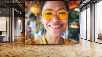 Asian woman with stylish yellow sunglasses radiating joy and charm. Wall mural