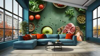 Assorted fresh ingredients for balanced meal preparation. Healthy food and lifestyle. Wall mural