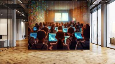 Back view of schoolchildren engrossed in a computer programming class, with holographic code snippets floating around them Wall mural