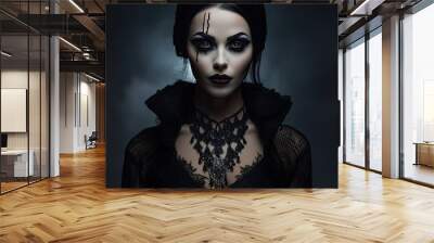 Beautiful woman with dark Halloween makeup and a vampire costume. Scary and glamorous portrait of a female in gothic fashion. Concept of horror and fantasy. Wall mural