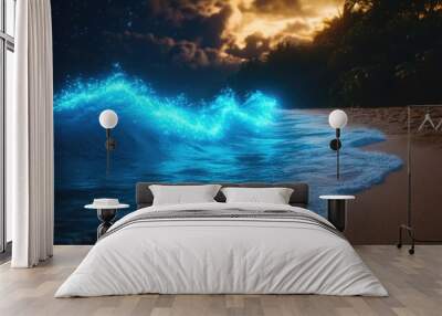 Bioluminescent waves on tropical beach at dusk with glowing blue water and dramatic clouds Wall mural