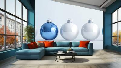 Blue and white Christmas baubles arranged in row. Festive decor. Banner. Wall mural