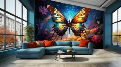 Bright abstract butterfly with fiery wings against surreal garden backdrop. Concept of vibrant nature and fantastical beauty. Wall mural