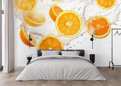 Bright orange half floating in water. Closeup view of juicy citrus fruit. Refreshing and healthy summer snack. Vitamin C rich orange for healthy diet. Wall mural