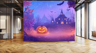 Cartoon-style Halloween scene featuring a pumpkin and bats. Colorful and spooky ambiance with fairytale lighting for a Halloween backdrop. Wall mural