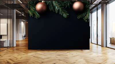 Christmas frame with pine branches and copper baubles on black. Sleek greeting layout. Banner. Wall mural