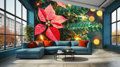 Christmas tree garland with poinsettias and LED lights. Festive warm banner design. Banner. Wall mural