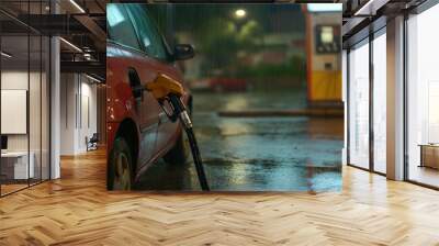 Close-up of car refueling at gas station on rainy day, blurred background focused on fuel nozzle, transportation concept Wall mural