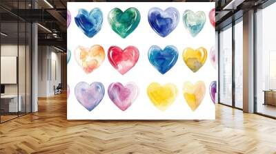 Collection of watercolor and acrylic hearts on white background for romantic designs. Wall mural