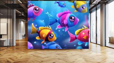 Colorful cartoon fish swimming together in a vibrant group. Captivating background for underwater-themed designs, greeting cards, or wallpapers. Playful and fun design concept. Wall mural