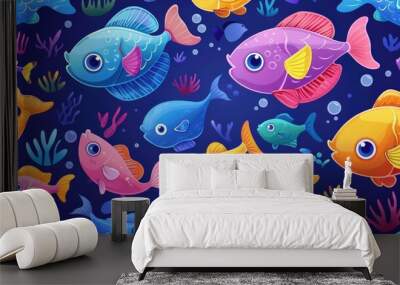 Colorful cartoon fish swimming together. Underwater-themed background concept. Wall mural