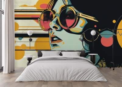 Contemporary art illustration of woman with sunglasses and abstract elements. Modern design. Wall mural