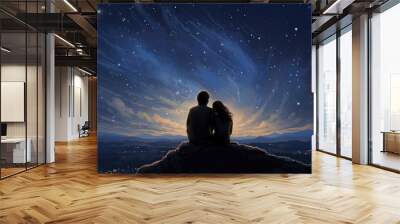 Couple sitting on mountain peak under starry sky overlooking city lights at night, Romance and adventure. Wall mural