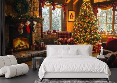 Cozy Christmas living room with a decorated tree, fireplace, and festive garlands. Wall mural