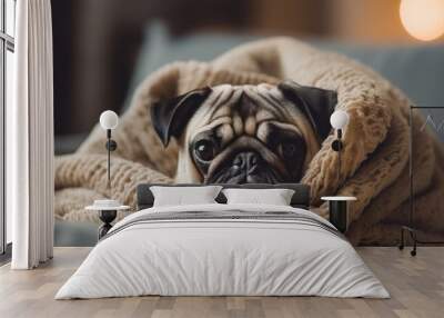 Cute pet shivering in the living room, finding warmth under a blanket beside a radiator. Wall mural