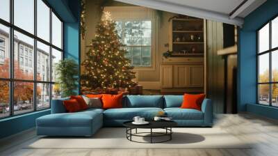 Decorating house for Christmas, natural light through windows, authentic home setting, genuine emotions Wall mural