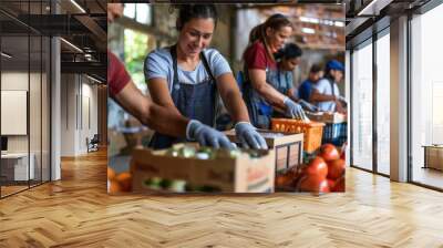 Diverse volunteers organizing and distributing groceries at a community food bank. Wall mural