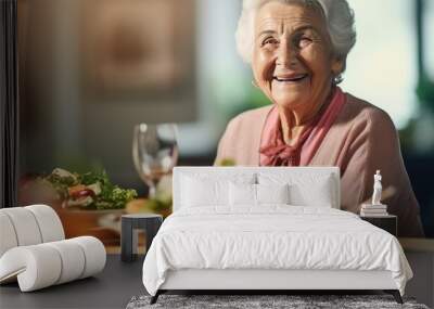 Elderly woman enjoying nutritious meal at home. Healthy aging and diet. Wall mural