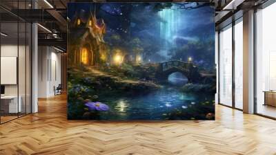 Enchanted fantasy forest landscape with magical waterfall and cottage. Fairy tale scenery. Wall mural