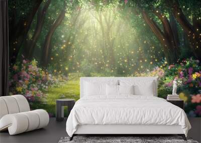 Enchanted forest clearing with glowing fireflies and blooming flowers. Wall mural