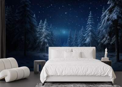 Enchanted winter night scenery with snow-covered trees and starry sky. Magical winter landscape. Wall mural