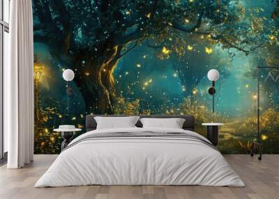 Enchanting forest path with glowing lanterns and fireflies. Magical nature scene. Wall mural