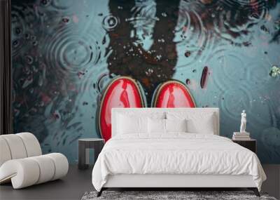 Feet in red rubber boots in rain puddle, fun rainy day concept. Wall mural