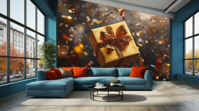 Festive golden gift box wrapped with bow amidst falling confetti. Celebration and gift-giving. Wall mural