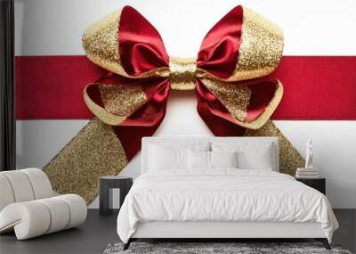 Festive red ribbon and bow with gold accents on transparent background. Ideal for gift wrapping. Wall mural