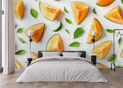 Fresh cantaloupe melon slices arranged with mint leaves on white background presenting vibrant summer fruit pattern. Healthy food and lifestyle. Wall mural