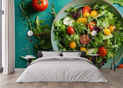 Fresh organic salad with tomatoes, cucumber, and greens. Healthy food and lifestyle. Wall mural