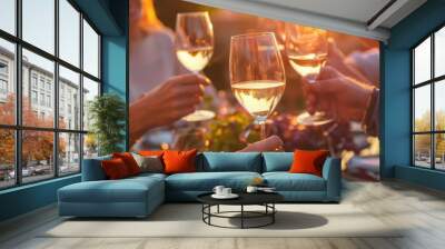 Friends raising glasses in a toast while enjoying a meal together on a patio during sunset. Wall mural