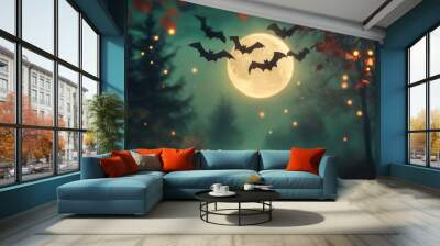 Full moon night in mystical forest with bats flying and glowing fireflies. Halloween. Wall mural