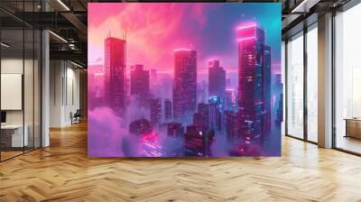 Futuristic city skyline enveloped in mist at sunset. Modern urban landscape. Wall mural