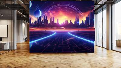 Futuristic neon cityscape with luminous lines. Abstract sci-fi skyline under cosmic glow. Wall mural