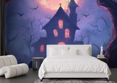 Halloween night walk with haunted house, cemetery, twisted trees, and full moon. Wall mural